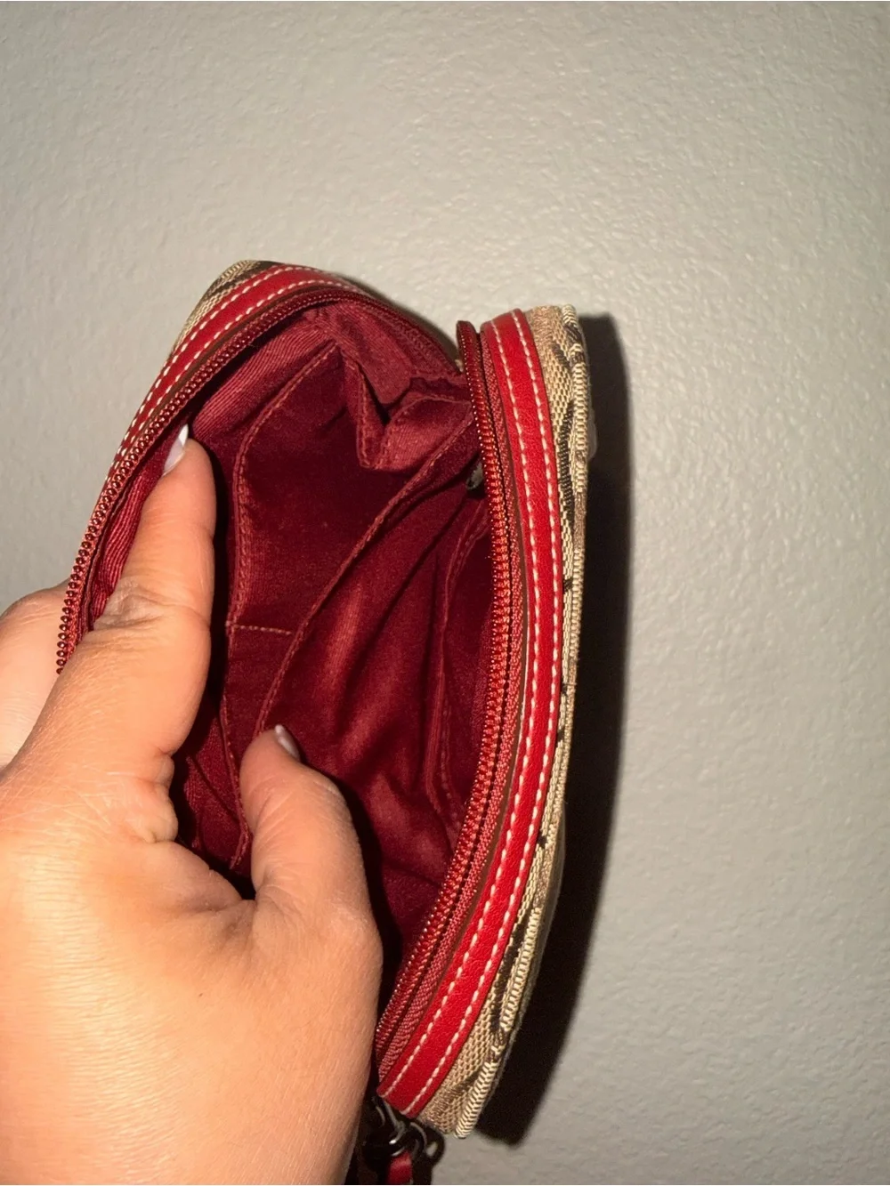 Coach Signature Canvas Wristlet in Brown with Red Strap - Picture 10 of 13